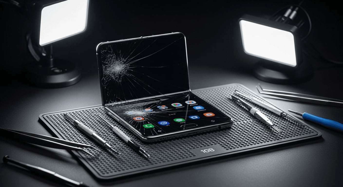 Smartphone-Reparatur 2026 für Foldables: Zersplittertes Innendisplay eines Klapp-Smartphones auf einer Reparaturmatte mit Werkzeug
