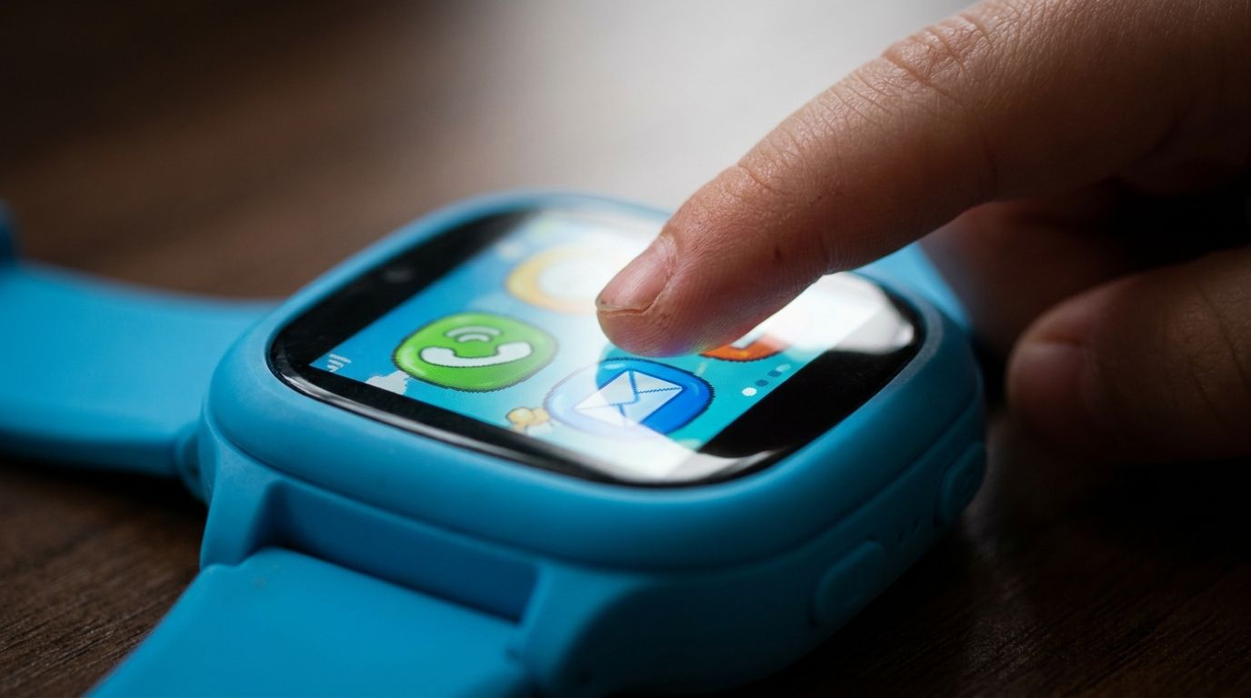 Nahaufnahme der Benutzeroberfläche einer Smartwatch für Kinder, die ein Kind mit dem Finger bedient, um die altersgerechten Funktionen zu zeigen.