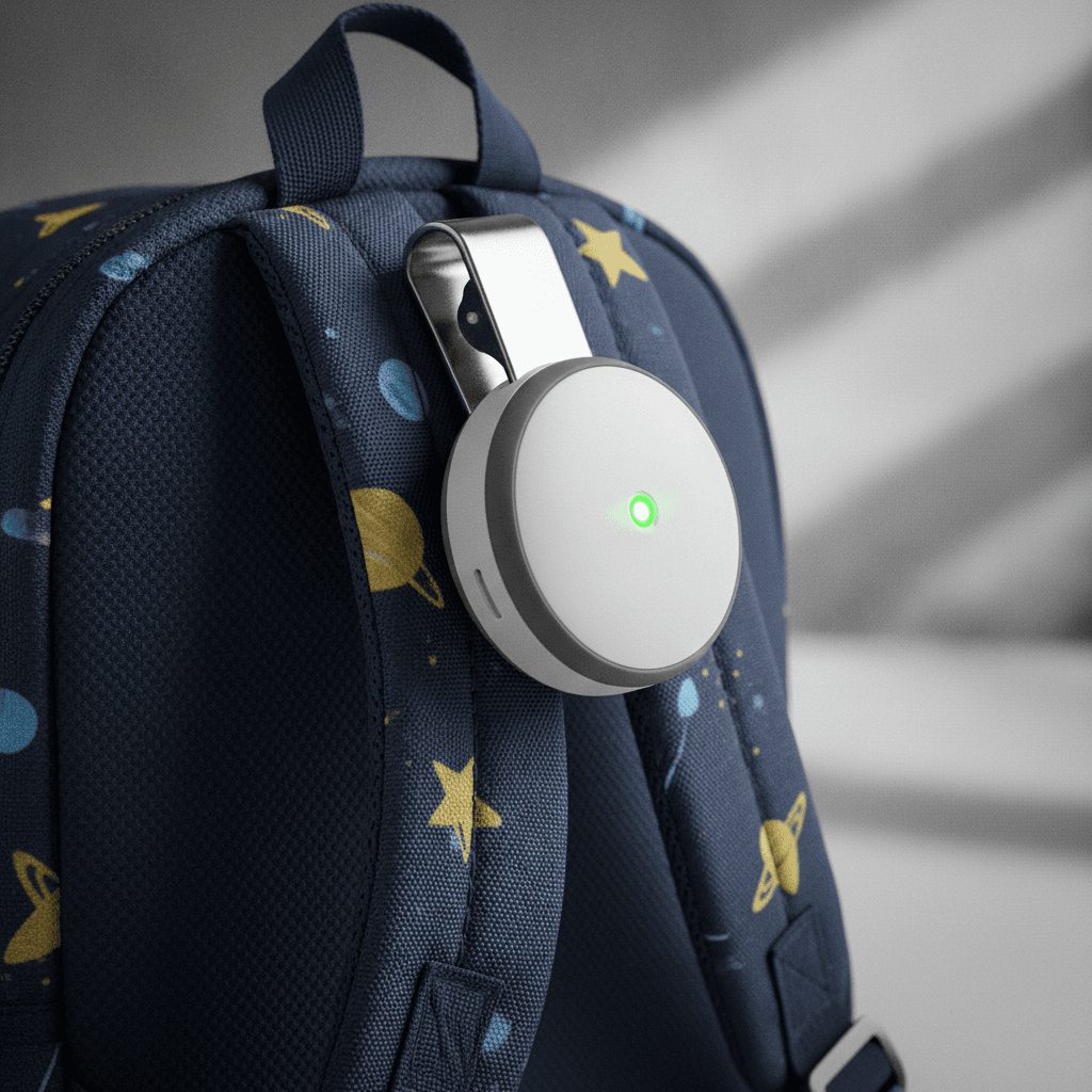 Ein kleiner GPS-Tracker für den Schulranzen als Alternative zur Smartwatch für Kinder, um den Standort zu orten.
