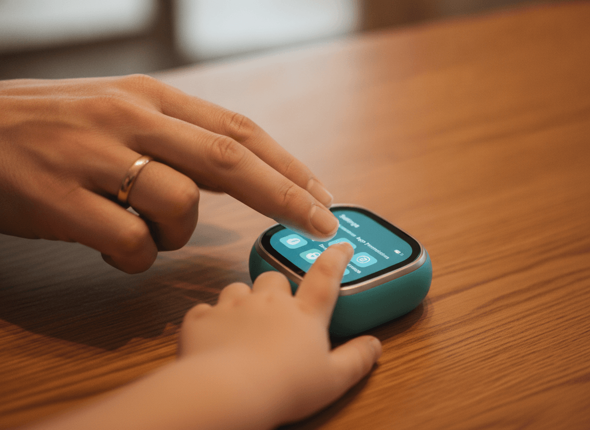 Elternteil erklärt einem Kind die Datenschutz-Einstellungen einer Smartwatch für Kinder, um die sichere Nutzung zu gewährleisten.