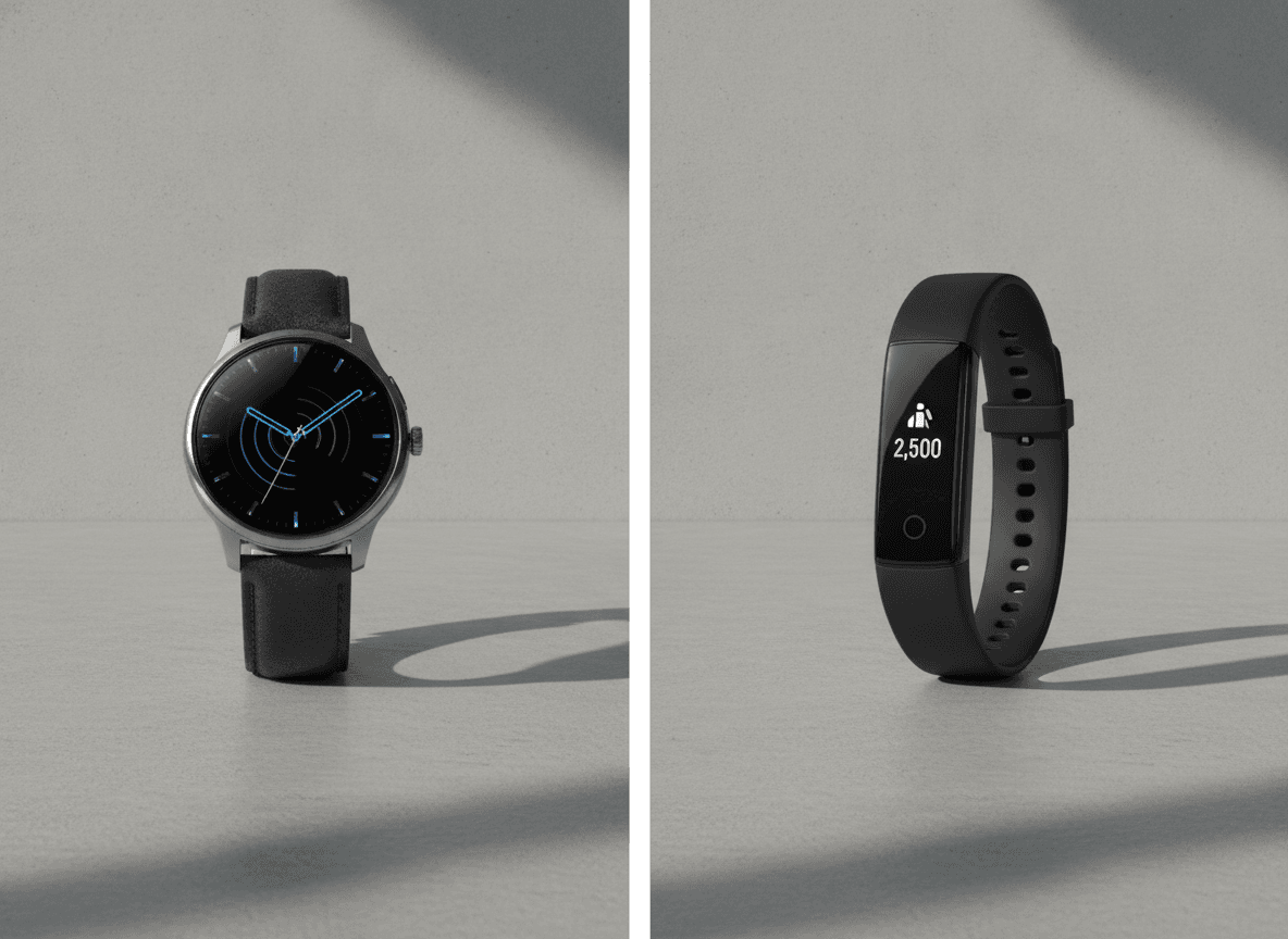 Eine elegante Smartwatch für Samsung neben einem schmalen Fitness-Tracker auf einem Tisch, um den Unterschied zu zeigen.