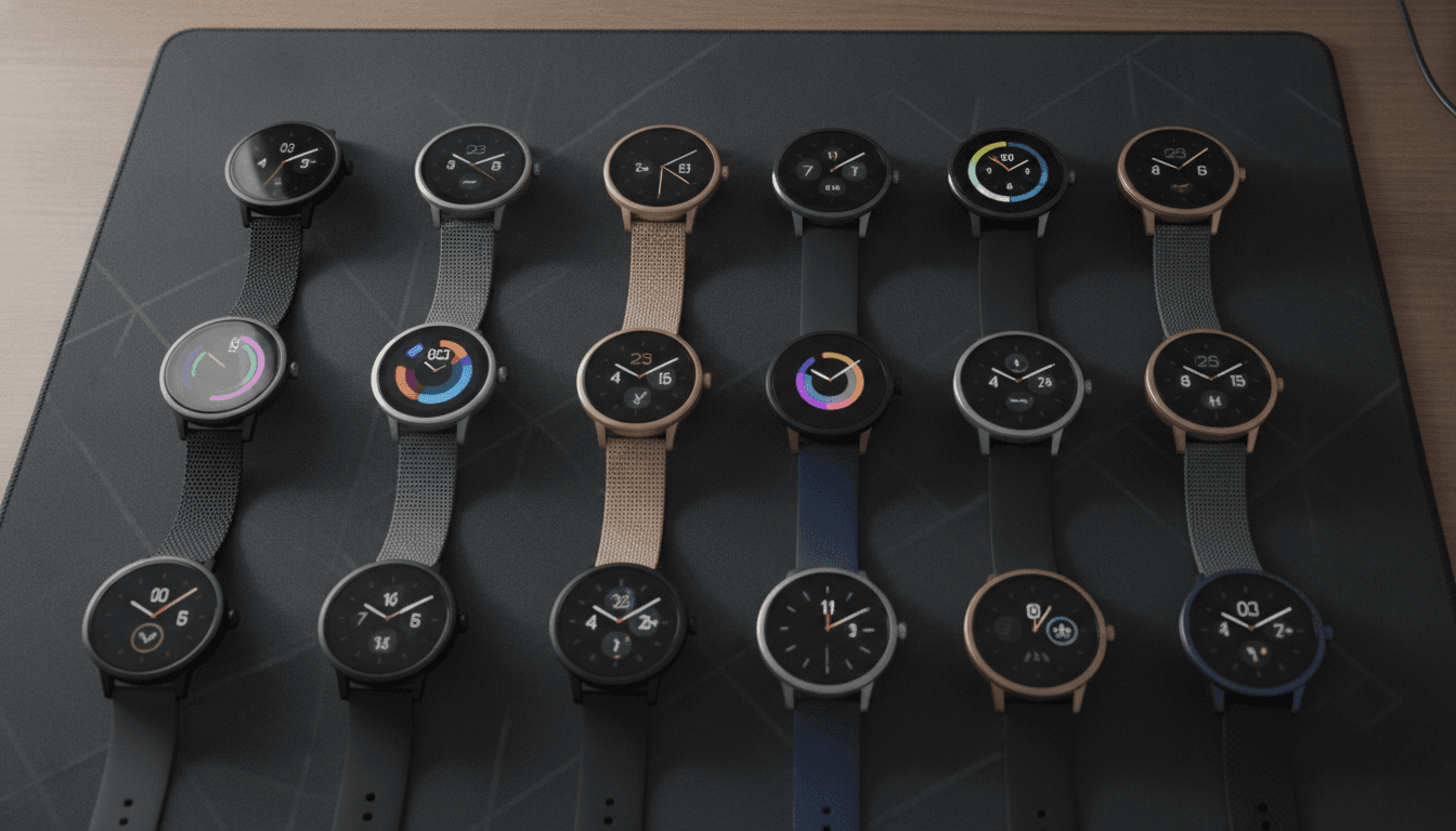 Verschiedene Modelle einer Smartwatch für Samsung, wie die Galaxy Watch Serie, ästhetisch auf einem modernen Schreibtisch angeordnet.