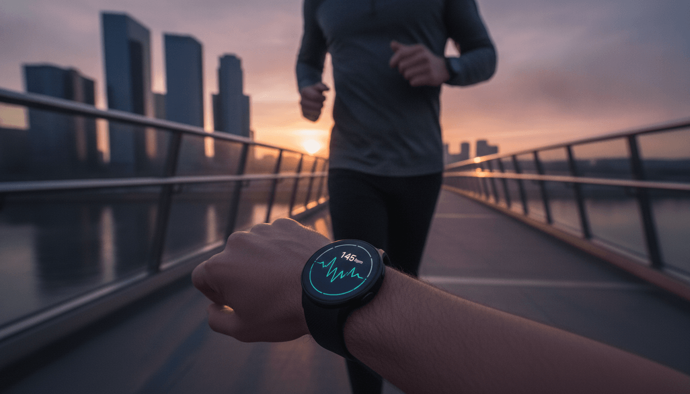 Eine Person beim Laufen im Park, die ihre Smartwatch für Samsung trägt, um Fitnessdaten und Kompatibilität zu demonstrieren.