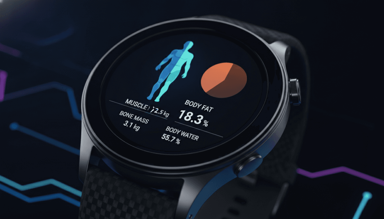 Detailansicht des Displays einer Smartwatch für Samsung, die eine Gesundheitsanalyse wie Körperzusammensetzung anzeigt.