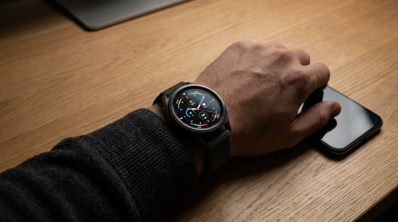 Eine hochwertige Smartwatch für Samsung am Handgelenk, die nahtlos mit einem daneben liegenden Smartphone interagiert.
