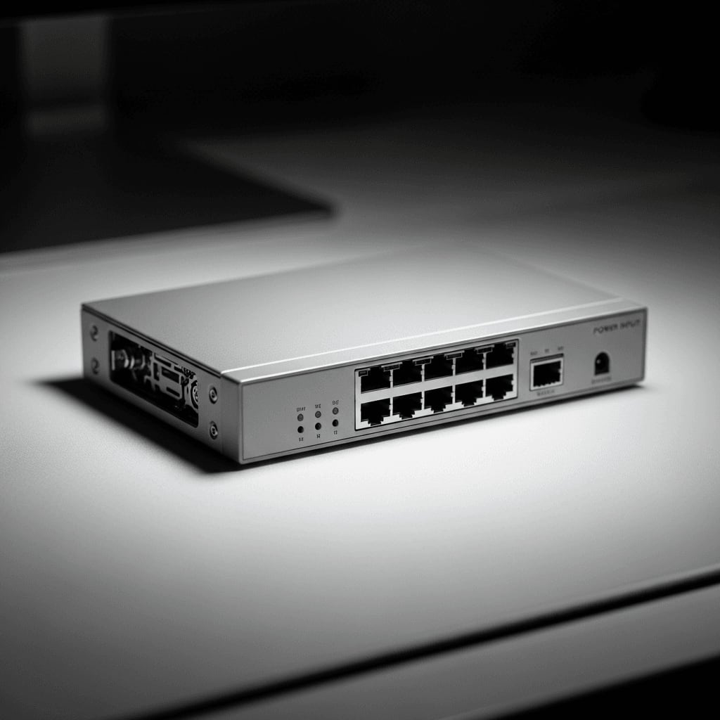 Kompakter 5-Port 2.5Gbit Ethernet Switch aus Metall auf einer weißen Schreibtischunterlage im Home-Office.