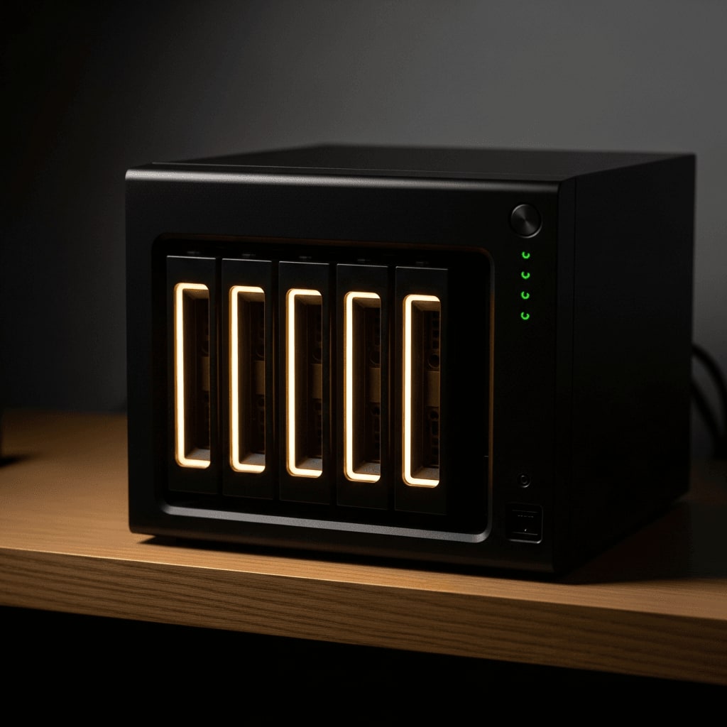 Modernes NAS-System mit leuchtenden Festplatteneinschüben für schnelle Datentransfers im 2.5Gbit Netzwerk.