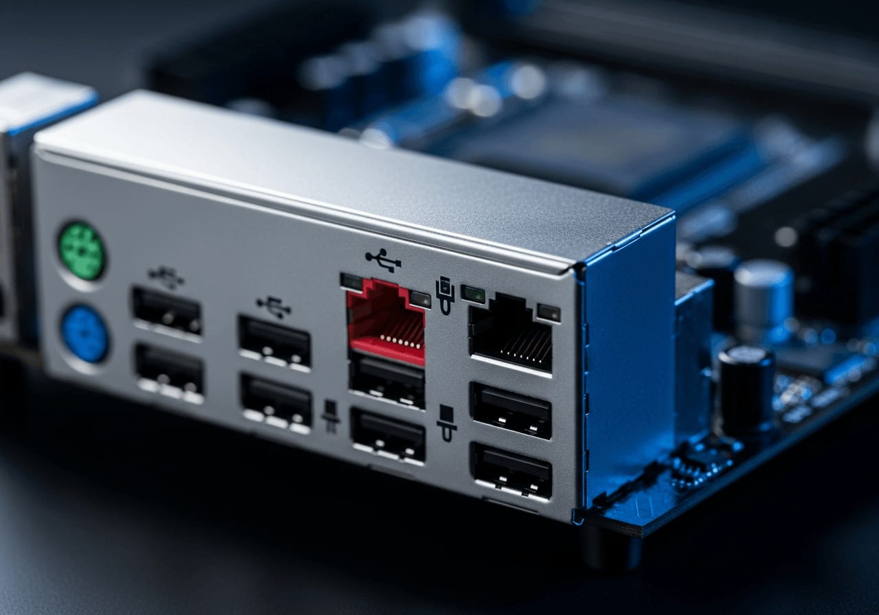 Roter 2.5Gbit Ethernet LAN-Anschluss am I/O-Panel eines modernen PC-Mainboards für schnelles Heimnetzwerk.