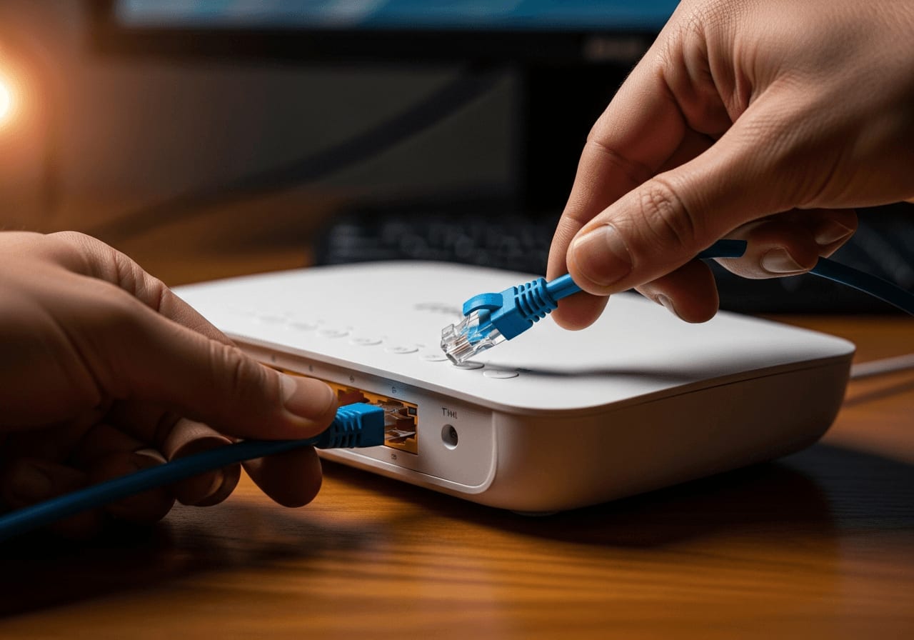 Person schließt ein blaues LAN-Kabel an einen modernen Router an, um das 2.5Gbit Ethernet Netzwerk einzurichten.