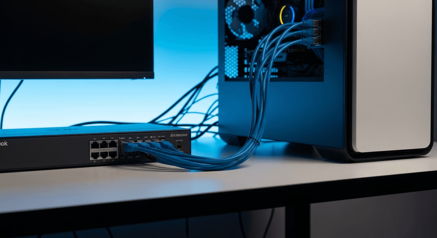 Modernes Heimnetzwerk-Setup mit 2.5Gbit Ethernet Switch und blauen LAN-Kabeln für maximale Internetgeschwindigkeit.