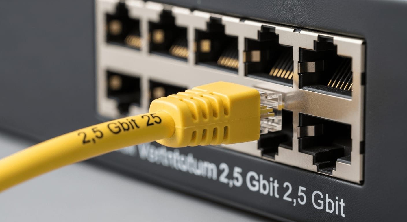 Gelbes Netzwerkkabel eingesteckt in einen Port zur Vorbereitung auf den neuen 2.5Gbit Ethernet Standard.