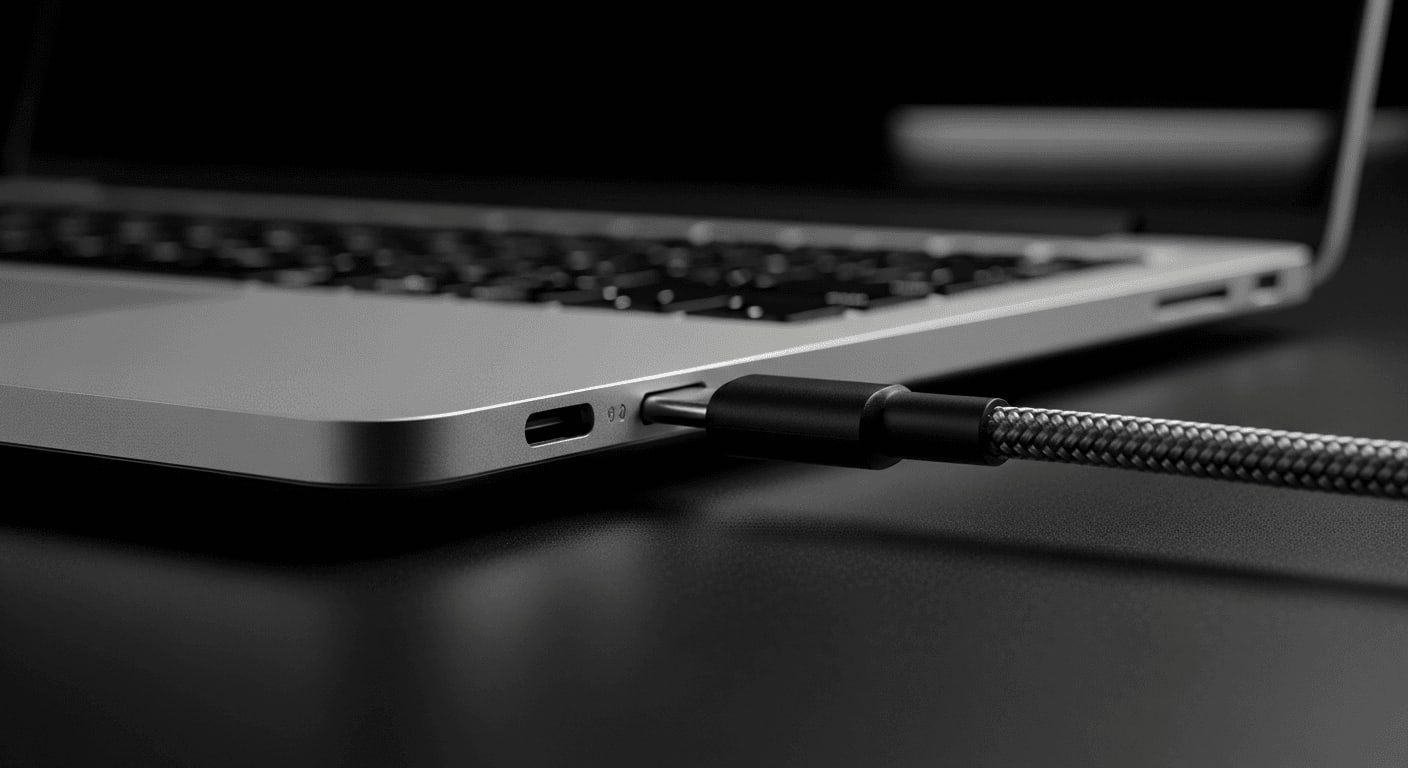Thunderbolt 5 Dockingstation Test: Ein dickes, geflochtenes USB-C-Kabel wird an einen modernen Laptop angeschlossen.