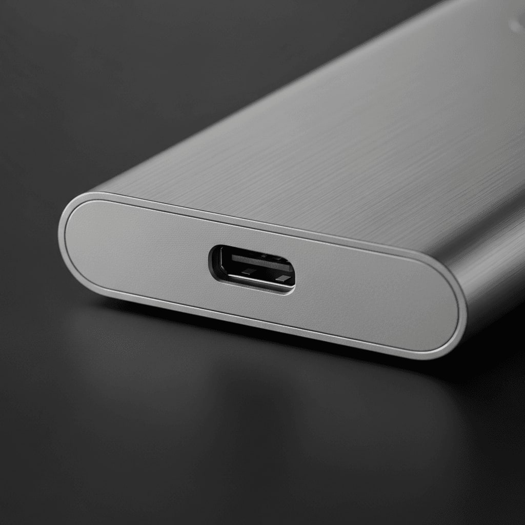 Detailaufnahme eines Anschlusses an einer Thunderbolt 5 Dockingstation mit einem Gehäuse aus gebürstetem Aluminium.