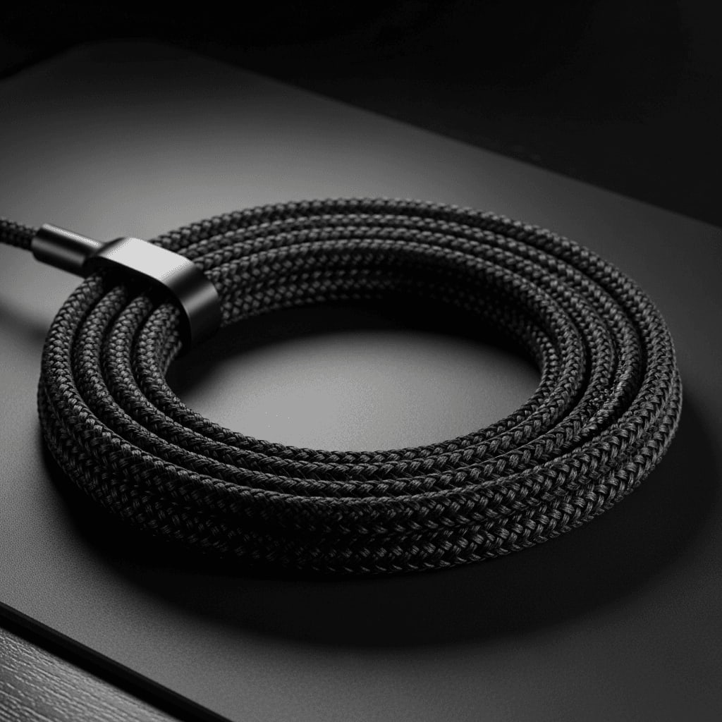 Ein hochwertiges, geflochtenes Thunderbolt 5 Aktivkabel liegt ordentlich aufgerollt auf einer dunklen Schreibtischmatte.