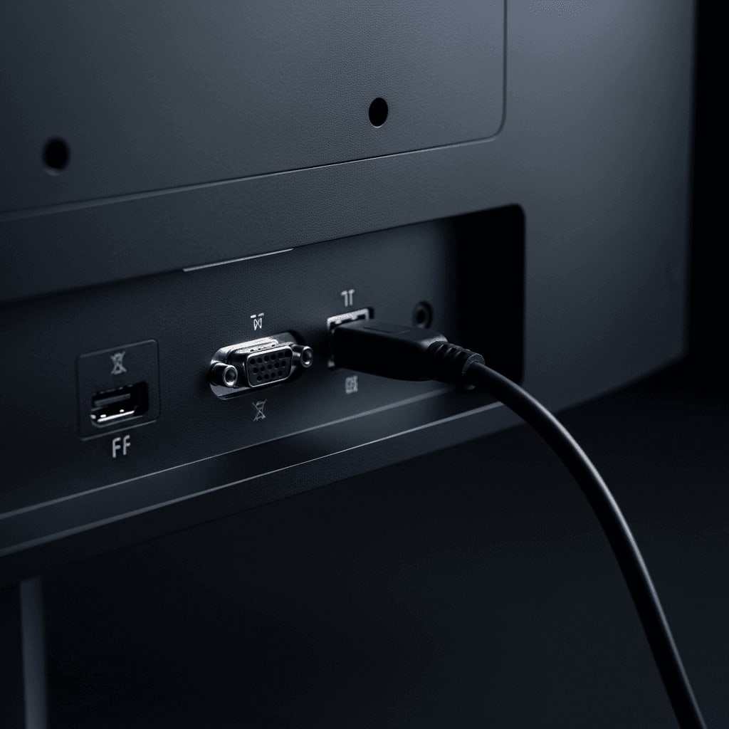 Rückseite eines 4K-Monitors mit mehreren Anschlüssen für das Daisy-Chaining im Thunderbolt 5 Dockingstation Setup.