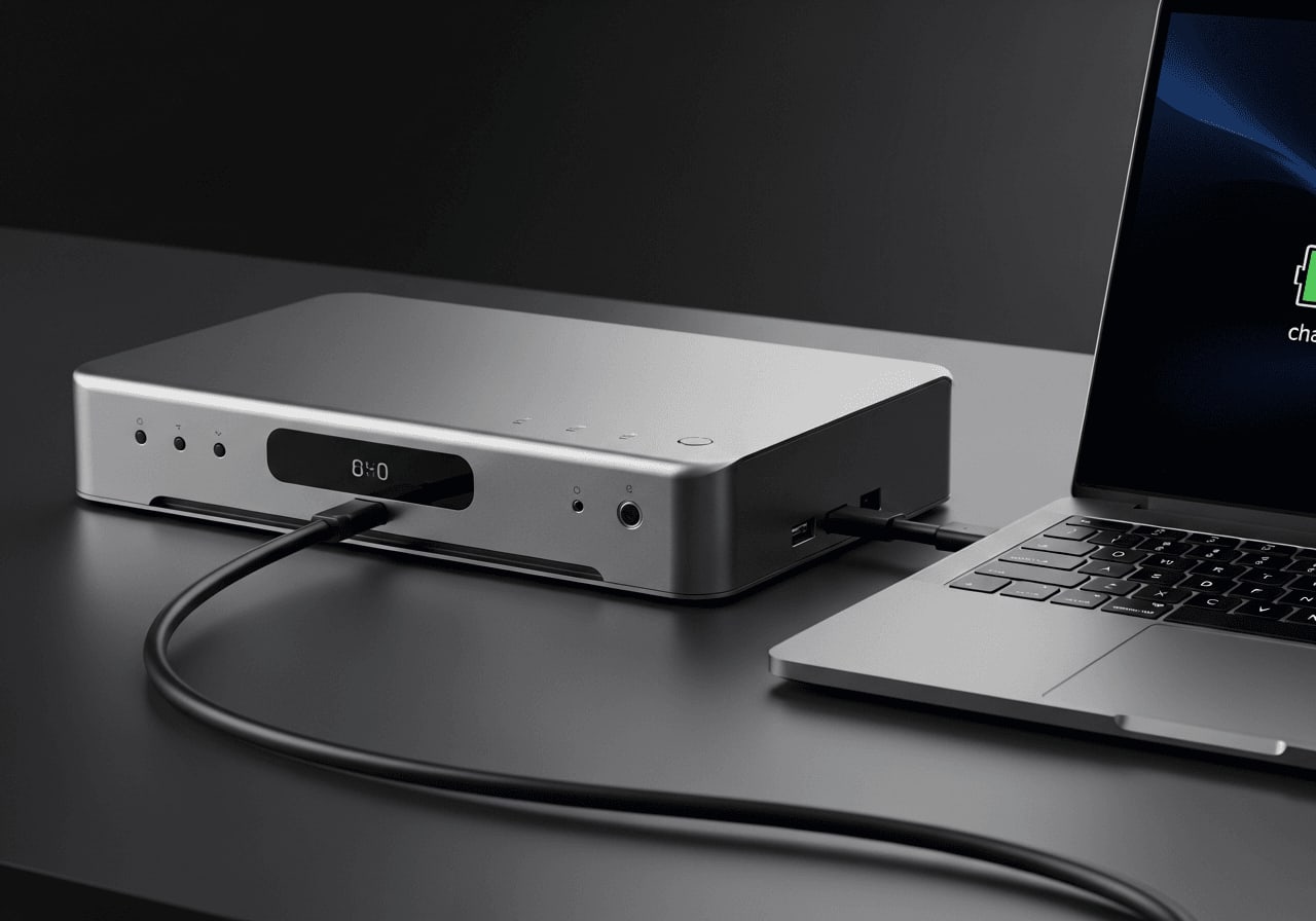 Thunderbolt 5 Dockingstation mit 140W Power Delivery lädt einen leistungsstarken Laptop während eines Render-Jobs auf.
