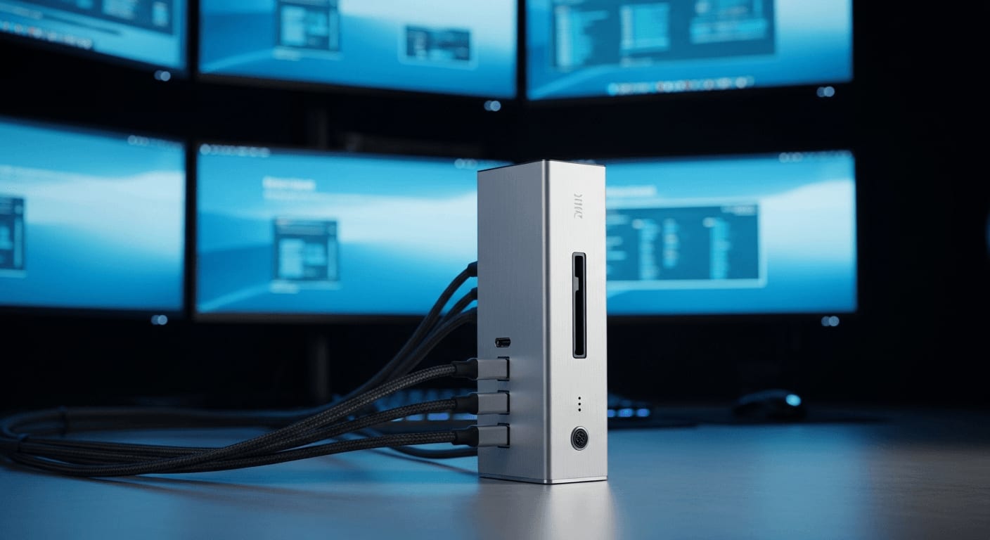 Maximale Performance im Thunderbolt 5 Dockingstation Test: Premium-Dock aus Aluminium mit angeschlossenen Monitoren.
