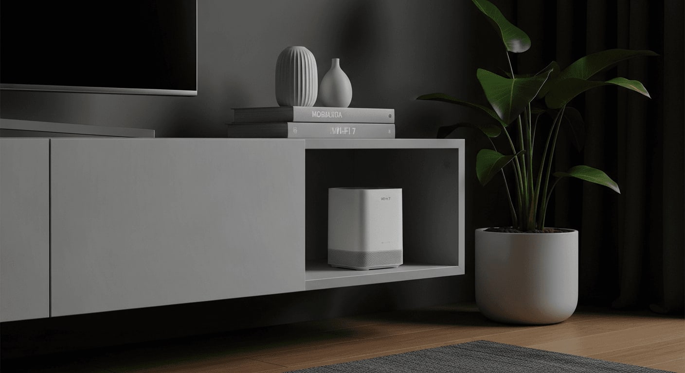 Elegantes Wi-Fi 7 Mesh-System auf einem TV-Board im Wohnzimmer für unterbrechungsfreies WLAN beim Streaming und Arbeiten.