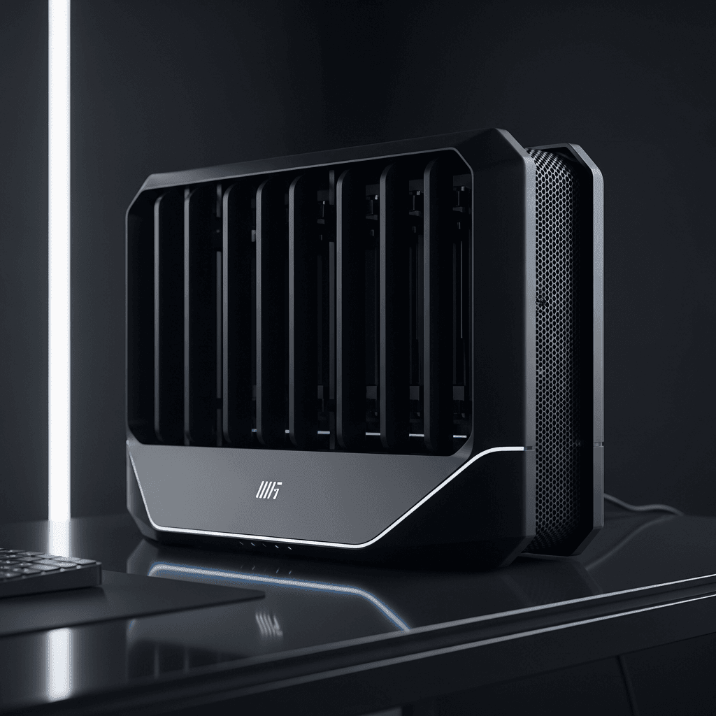 High-End Wi-Fi 7 Mesh-System in mattem Schwarz auf Glasschreibtisch für maximale Performance im Smart Home.