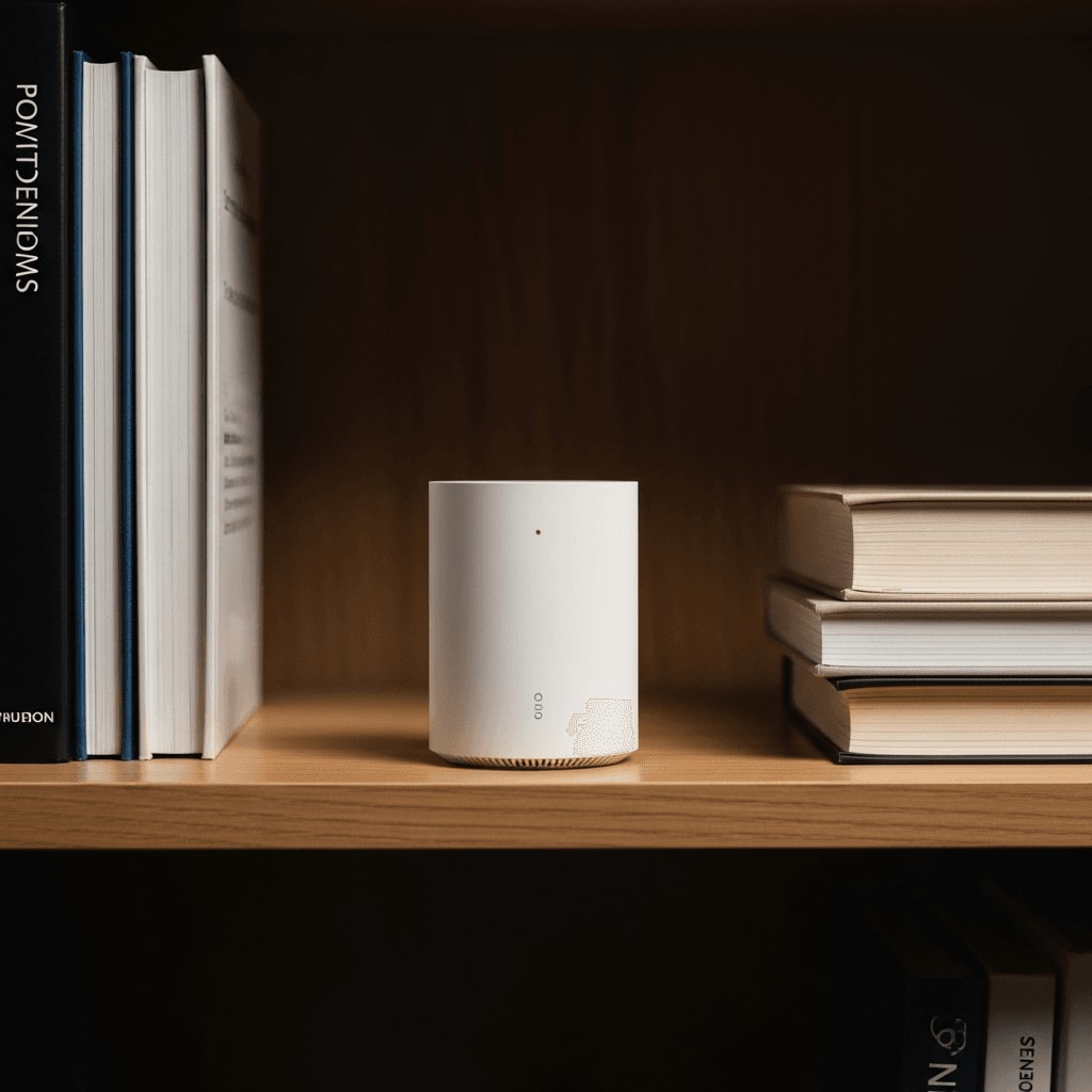 Kompaktes Mittelklasse Wi-Fi 7 Mesh-System unauffällig platziert in einem Bücherregal für optimale WLAN-Abdeckung.