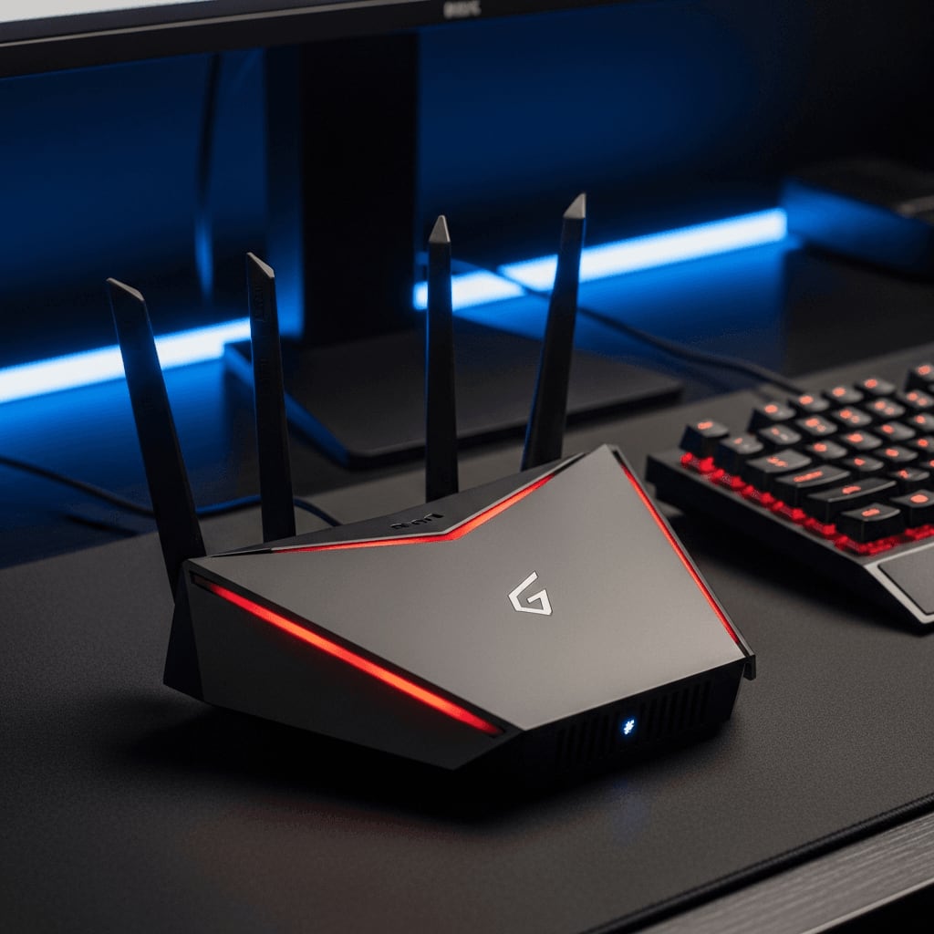 Leistungsstarkes Wi-Fi 7 Mesh-System mit sichtbaren Antennen und LED-Beleuchtung neben einer mechanischen Gaming-Tastatur.
