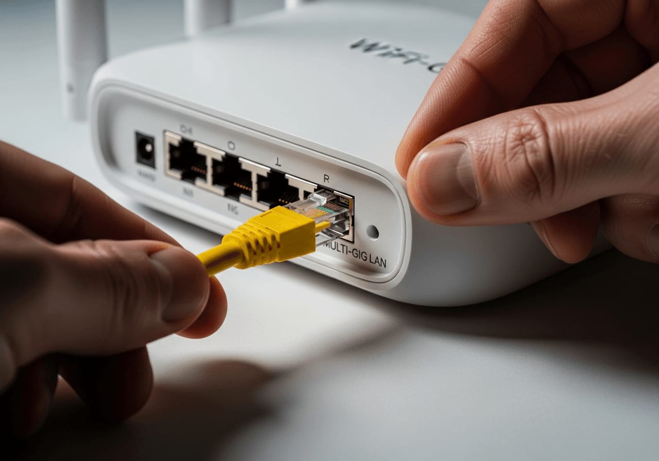 Hände stecken ein LAN-Kabel in den Port eines Wi-Fi 7 Mesh-Systems für eine stabile Wired Backhaul Verbindung im Heimnetz.