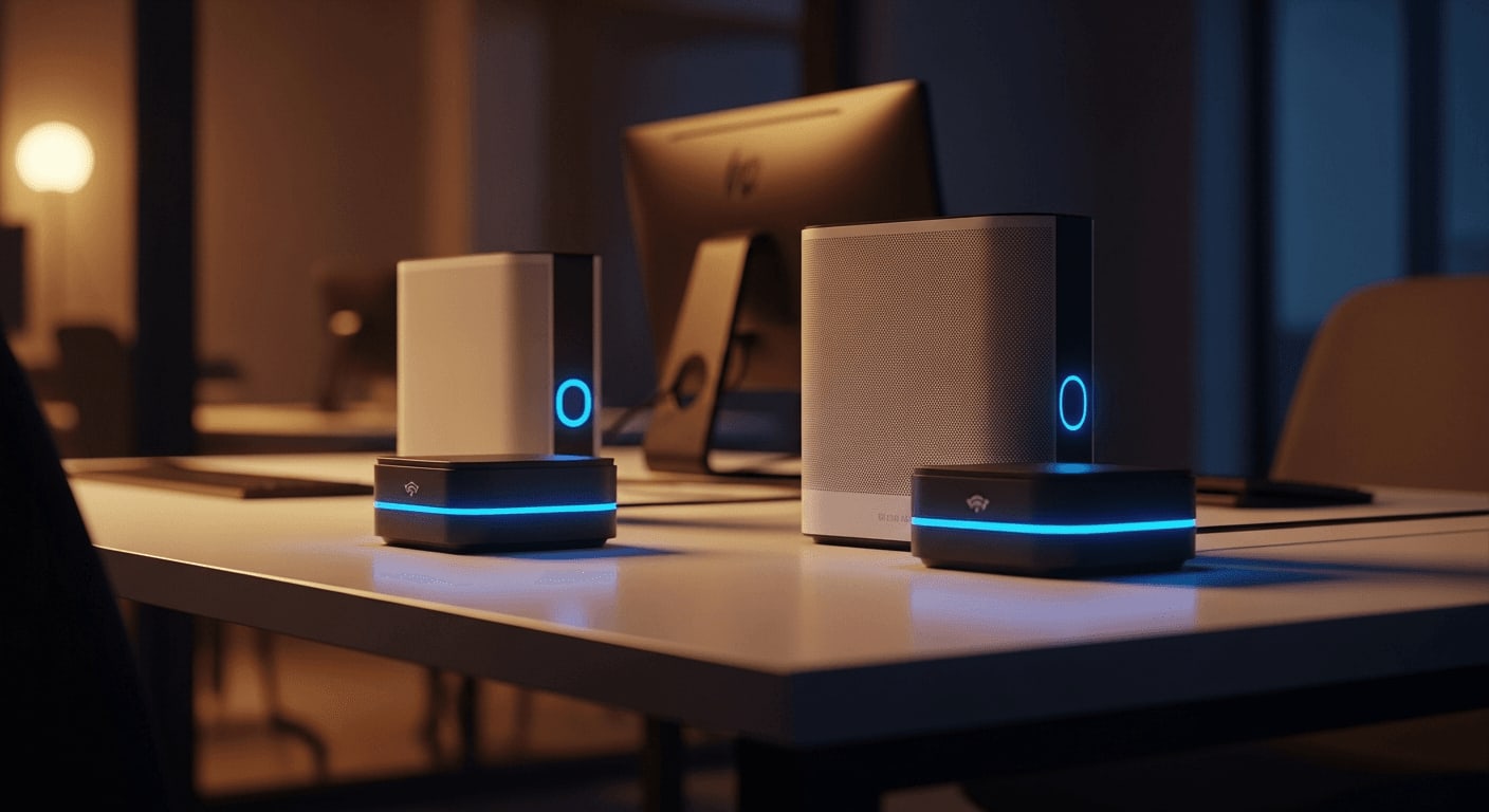 Zwei minimalistische Wi-Fi 7 Mesh-Systeme auf einem Schreibtisch für stabiles Internet ohne Funklöcher im Smart Home.