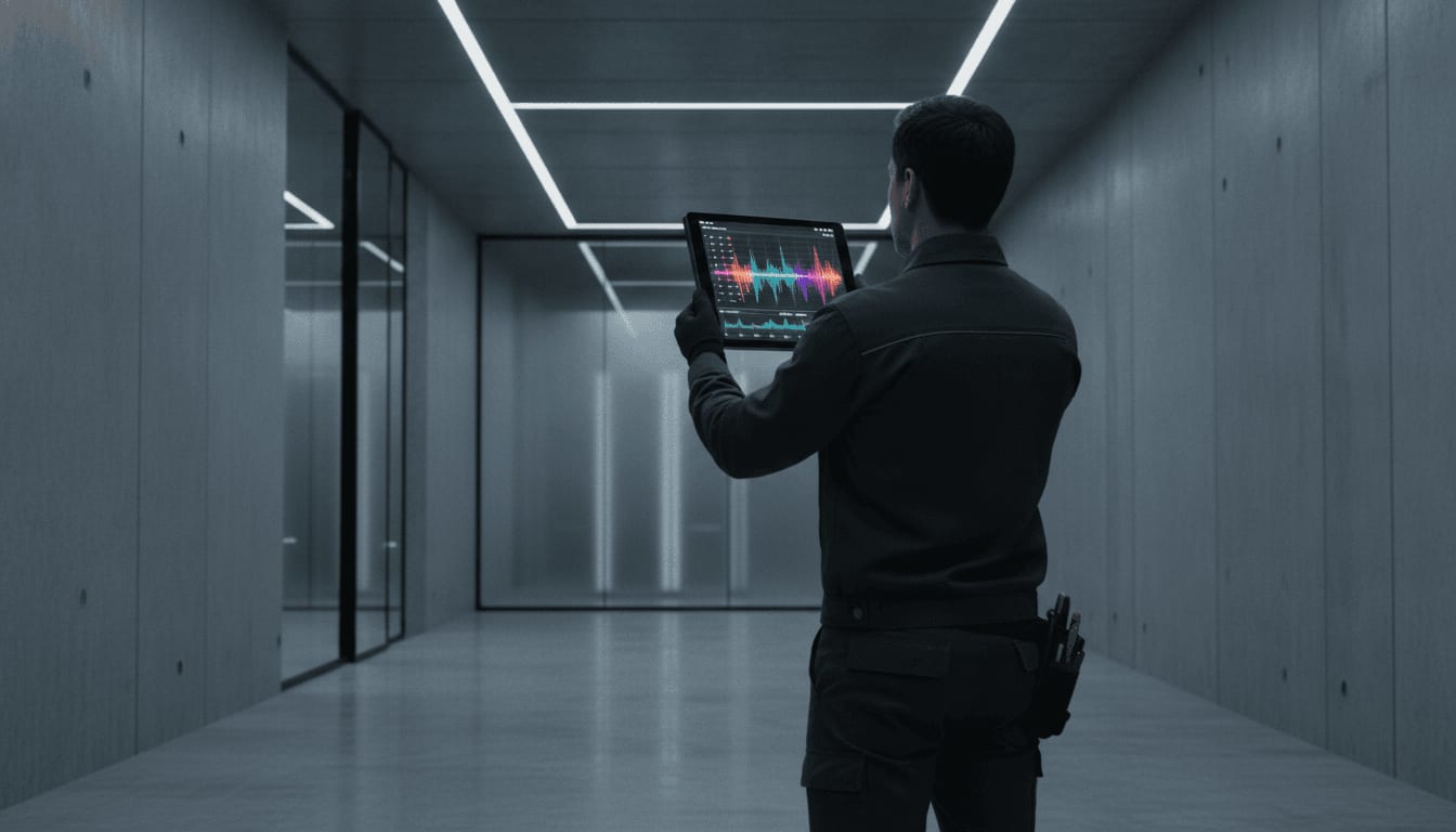 Ein Netzwerk-Profi analysiert mit Spezial-Tools das Signal, um eine Lösung für WLAN durch Betondecken zu finden.