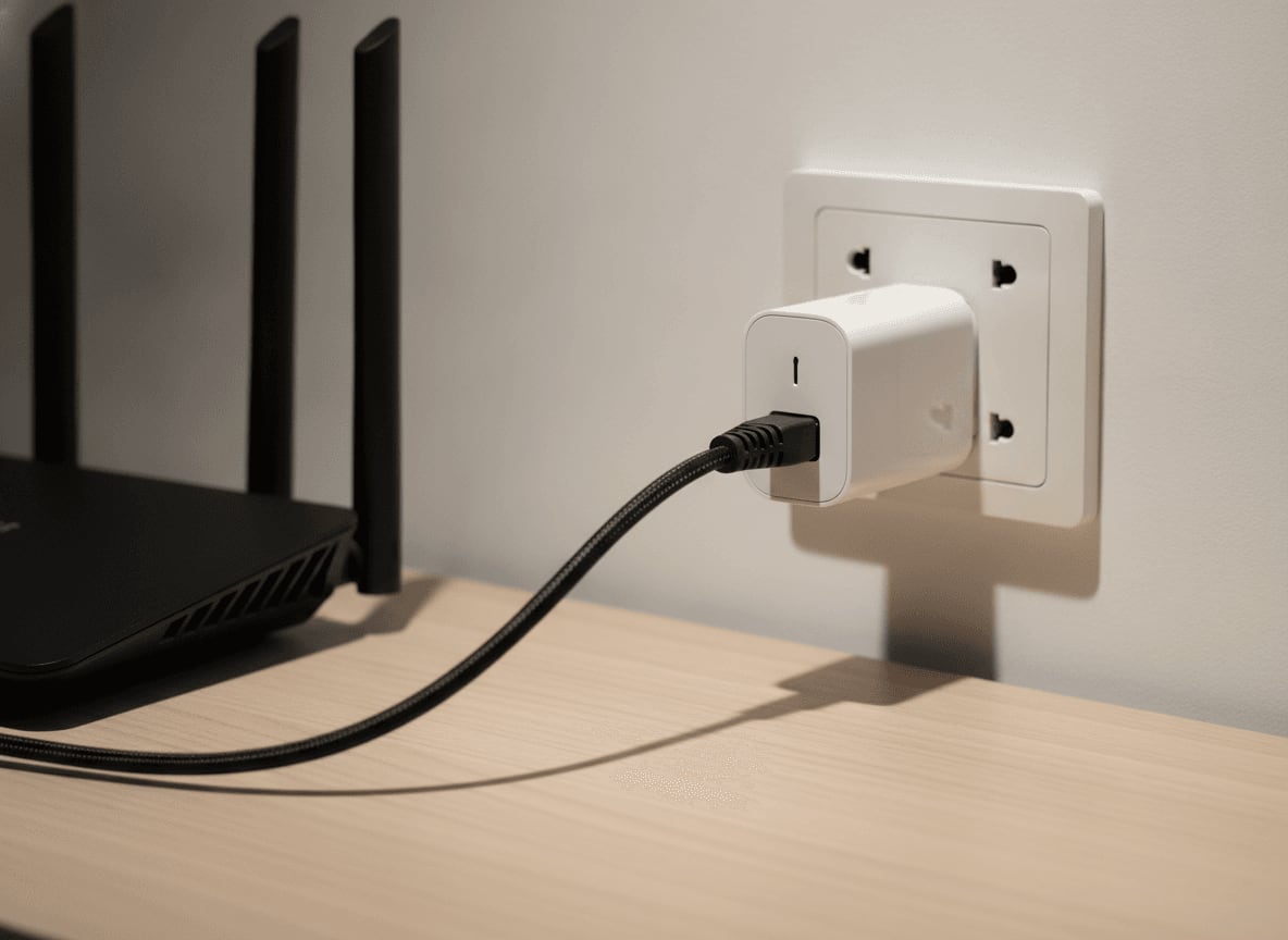 Ein Powerline-Adapter, der per LAN-Kabel mit dem Router verbunden ist, um das Signal über die Stromleitung zu senden.