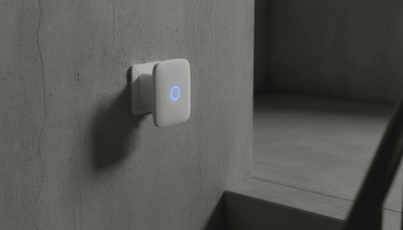 Ein WLAN-Repeater am oberen Ende der Kellertreppe, um das WLAN im Keller zu verbessern und die Reichweite zu vergrößern.