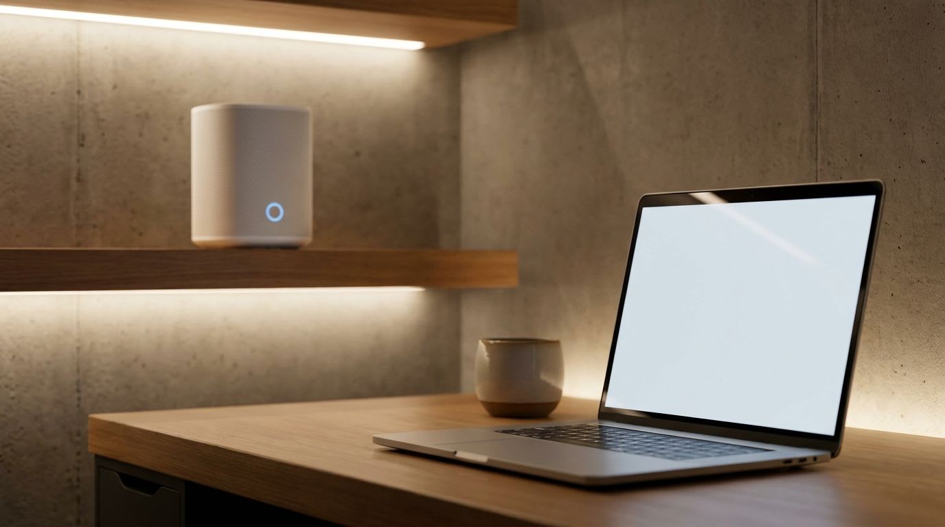 Ein modernes Kellerbüro mit stabiler Verbindung, um das WLAN im Keller zu verbessern, mit einem Mesh-Knoten im Hintergrund.