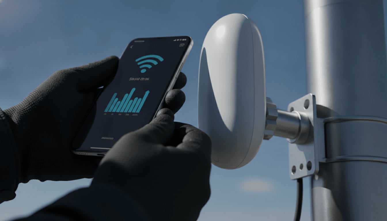 Präzise Ausrichtung einer Außenantenne zur Maximierung der WLAN Repeater Reichweite im Outdoor-Bereich.