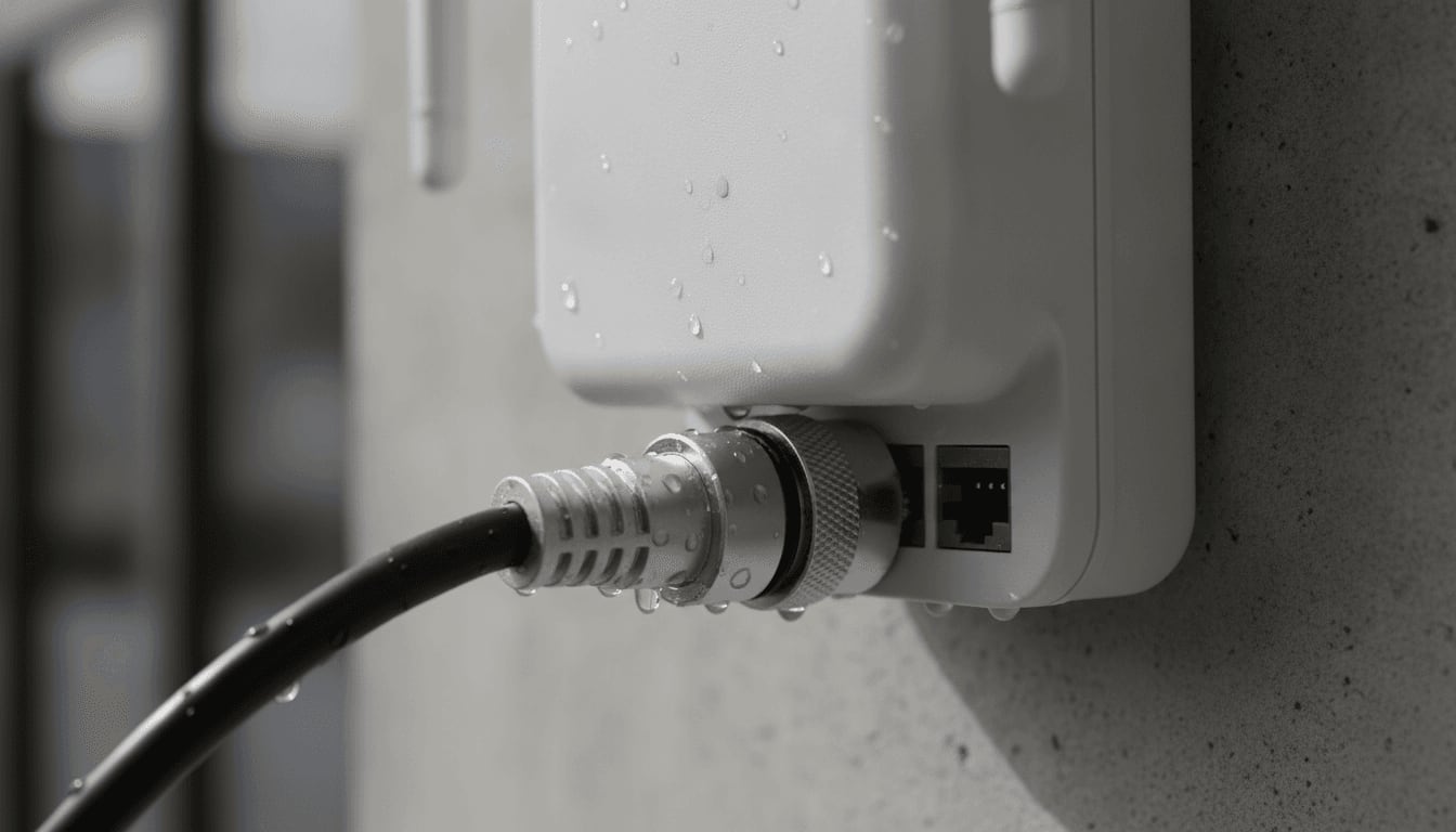 Wetterfester Anschluss eines Ethernet-Kabels an einem Outdoor Access Point für eine langlebige Installation.