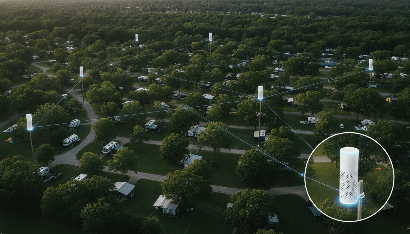 Outdoor Mesh-System zur Abdeckung einer 500 Meter großen Fläche, das als intelligenter WLAN Repeater auf einem Campingplatz dient.